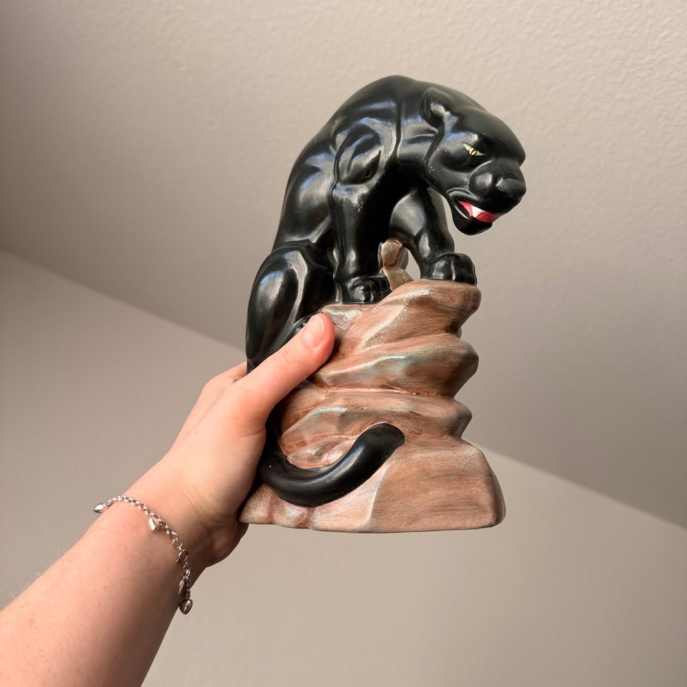 Vintage Ceramic Black Panther Figurine MCM Rock Mountain Stalking Statue 9.5"